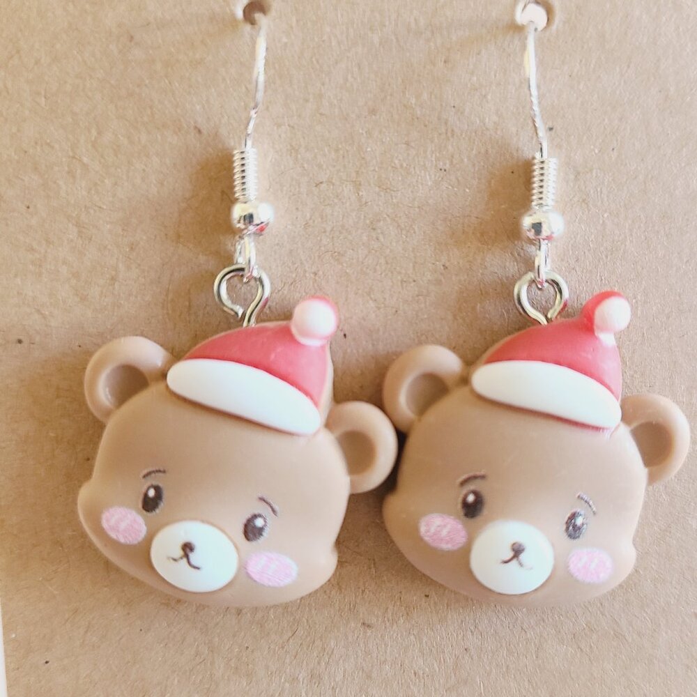 Handcrafted Christmas Bear Dangle Drop Earrings‎ Women's NEW 2 inches Festive